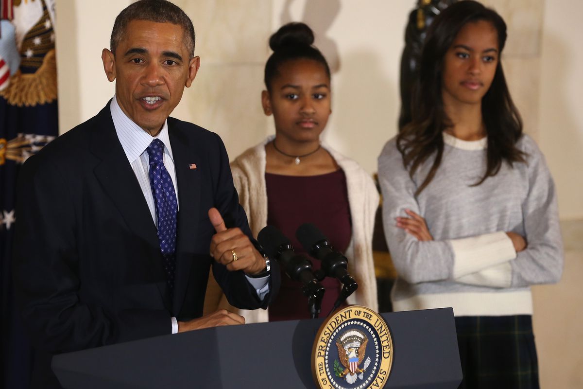 Barack, Sasha, and Malia Obama at the White House turkey pardon.