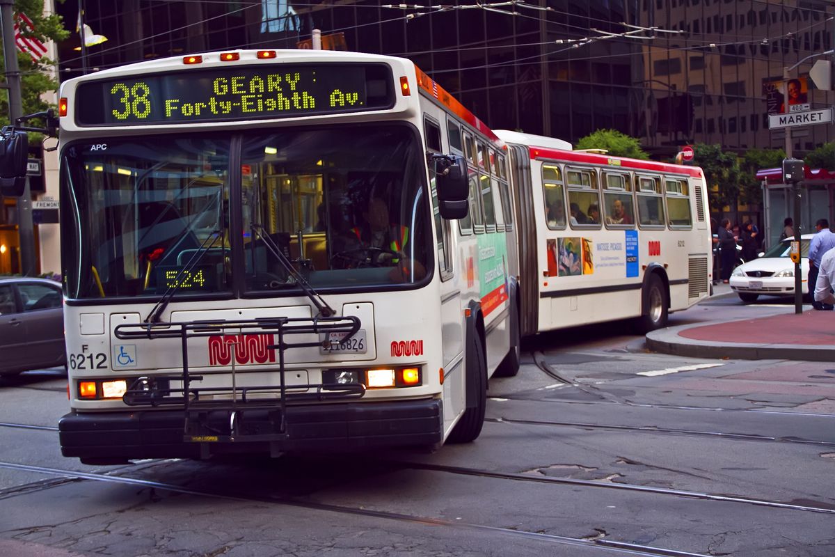 An articulated bus on the 38 Geary Route.