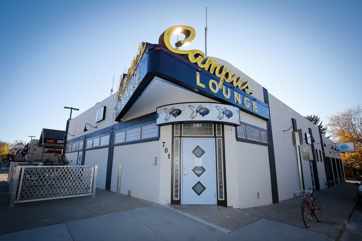 <span data-author="5845">The exterior of the Campus Lounge in Bonnie Brae, including the iconic yellow and brown “Campus Lounge” sign </span>