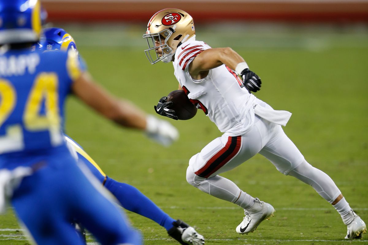 Trent Taylor #15 of the San Francisco 49ers runs after making a reception during the game against the Los Angeles Rams at Levi’s Stadium on October 18, 2020 in Santa Clara, California.