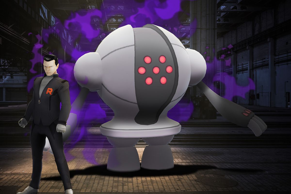 Giovanni standing in front of Shadow Registeel from Pokémon Go