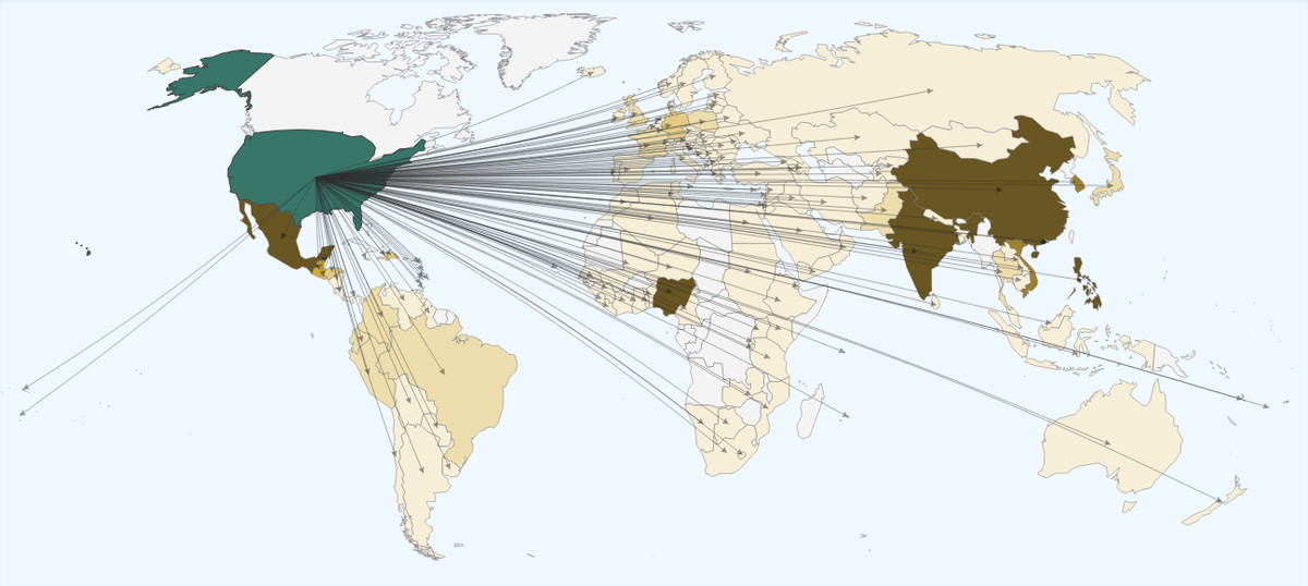 Map showing the outflow of remittances from the US to other countries in 2012.