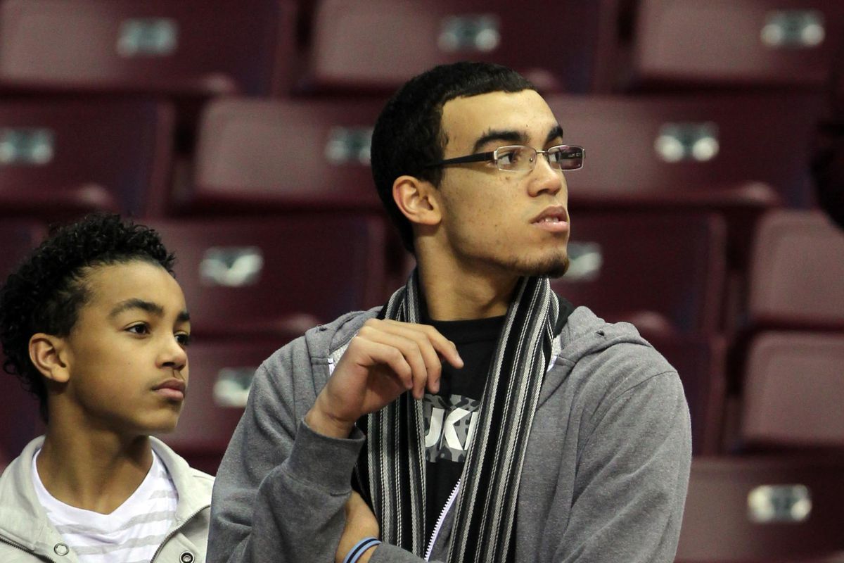 Dec 31, 2012; Minneapolis, MN, USA; Top high school recruit Tyus Jones looks on prior to the game between the Minnesota Golden Gophers and Michigan State Spartans at Williams Arena.