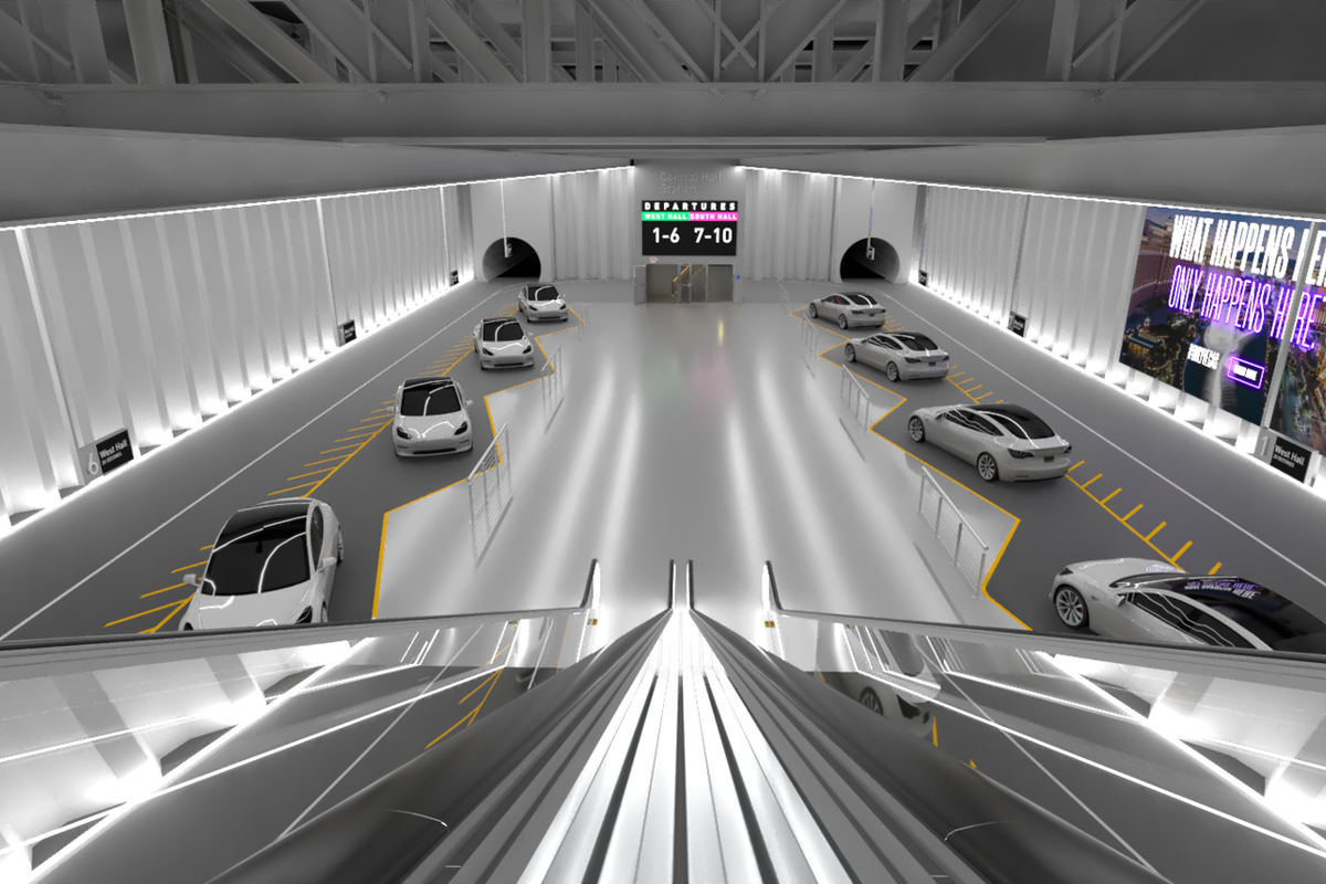 A rendering of Elon Musk’s Boring Company tunnels in Las Vegas, Nevada that looks like an underground parking garage shot from the perspective of an escalator descending into the space.