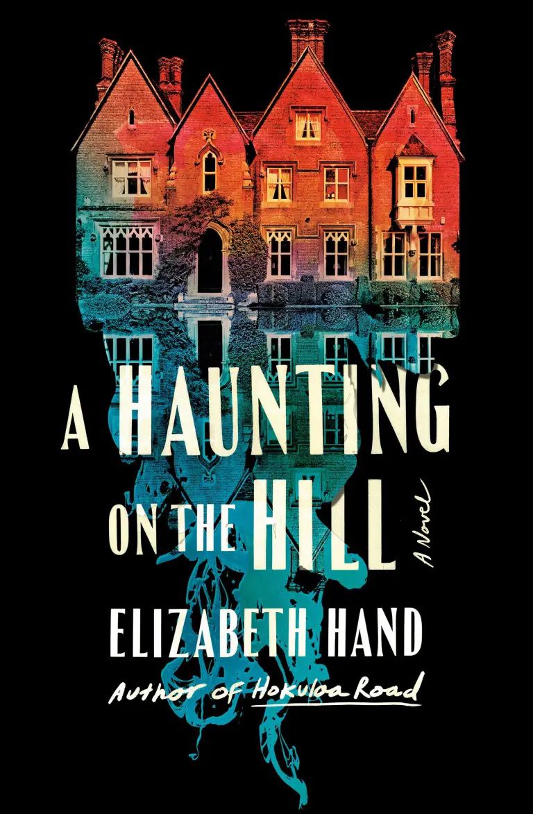 Cover art for Elizabeth Hand’s A Haunting on the Hill, featuring a spooky image of a red-tinted house, with its reflection extending below almost like an iceberg.