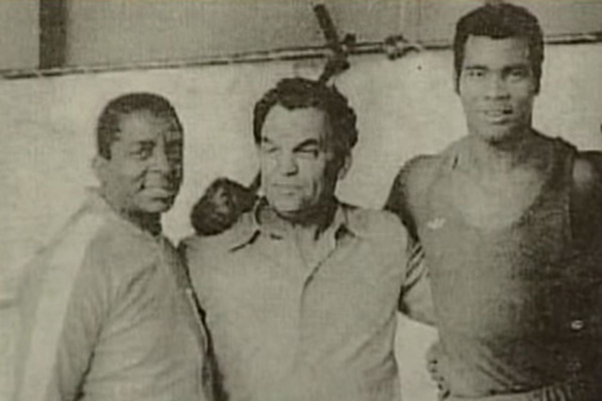 Andrej Chervenenko (middle) with his most famous student Teofilo Stevenson and Cuban trainer Alcides Sagarra