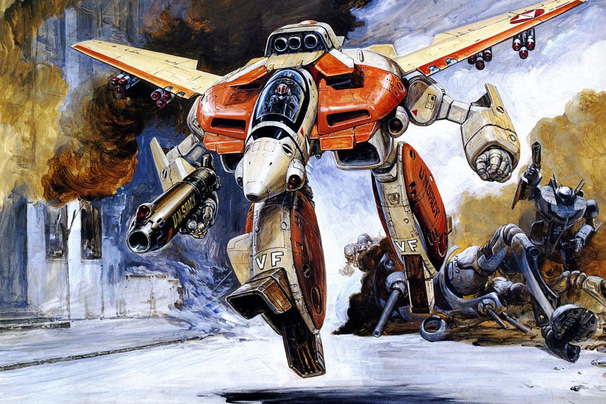 The VF-1D Valkyrie from the original Macross TV series, later used in&nbsp;Robotech. Art by Yoshiyuki Takani.