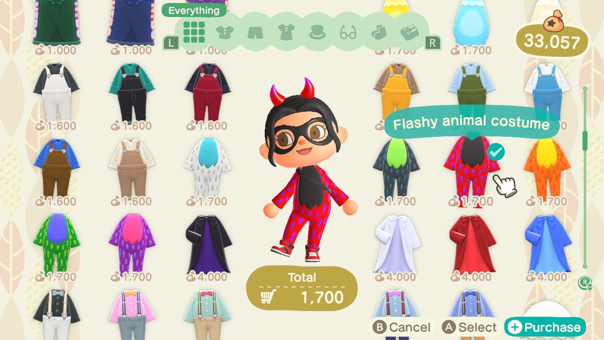 An Animal Crossing character tries on a Flashy Animal Costume
