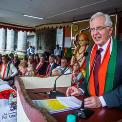 Elder D. Todd Christofferson, a member of the Quorum of Twelve Apostles for The Church of Jesus Christ of Latter-day Saints,  speaks during the 71st Independence Day celebrations at the MIT World Peace University in Pune, Maharashtra, India, on August 15, 2017.