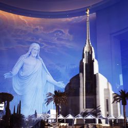 The Rome Italy Temple is reflected in the window of the Rome Temple Visitors Center of The Church of Jesus Christ of Latter-day Saints on Monday, Jan. 14, 2019.