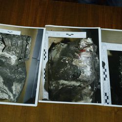 Pictures showing the second black box from the Germanwings plane that crashed in the French Alps last week, are displayed for the media during a press conference in Marseille, southern France, Thursday, April 2, 2015. Marseille prosecutor Brice Robin announced that a gendarme found the second black box flight recorder of Germanwings Flight 9525, blackened and buried in the soil of the Alps, and investigators hope to be able to analyse its data for more clues to what happened. (AP Photo/Claude Paris)