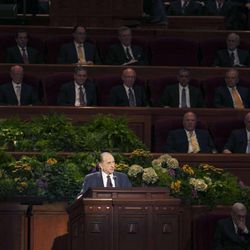 President Thomas S. Monson announces two new Temples will be guilt in Cedar City Utah and in Rio de Janeiro, Brazil during the morning session of 183 annual General Conference of the Church of Jesus Christ of Latter Day Saints Saturday, April 6, 2013 inside the Conference Center.