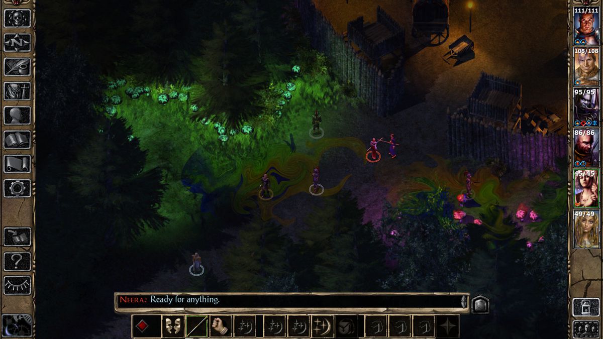 The character’s party explores a psychedelic swamp area outside of a town in Baldur’s Gate 2: Enhanced Edition