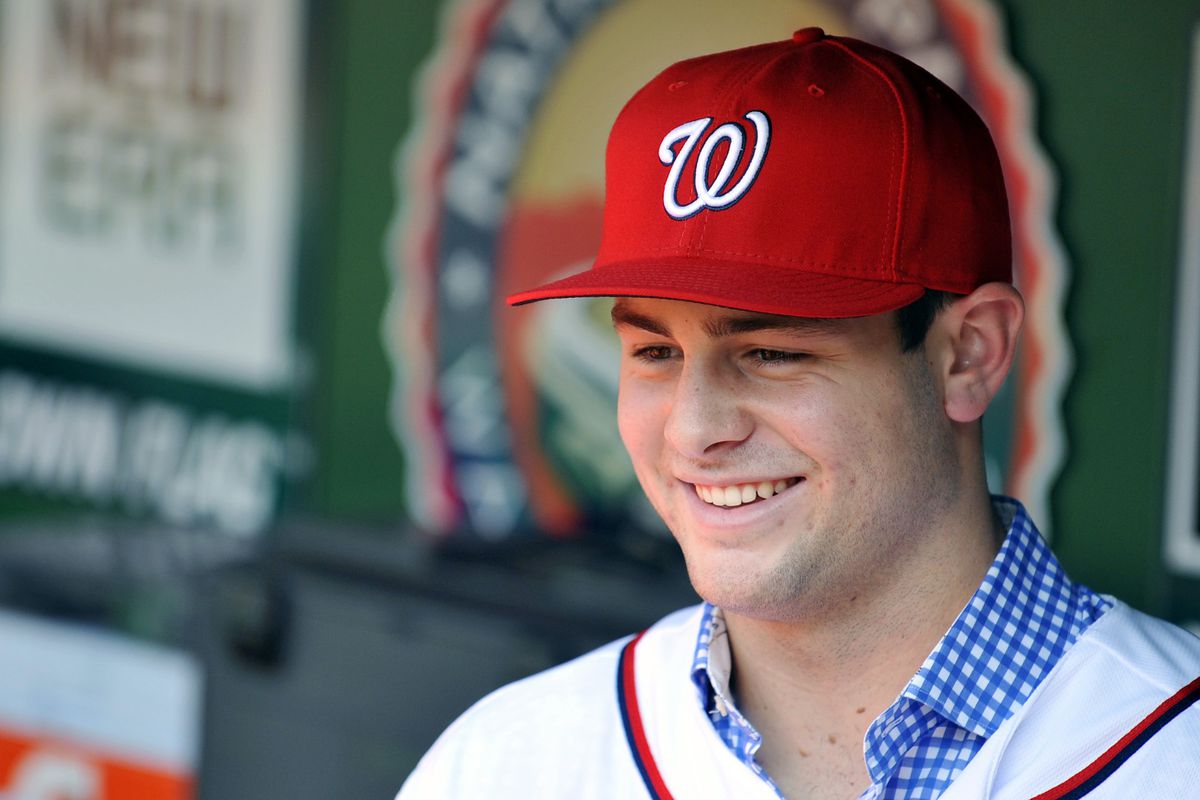 July 17, 2012; Washington, D.C., USA; Washington Nationals first round draft pick Lucas Giolito in the dugout before a game against the New York Mets at Nationals Park. Mandatory Credit: Joy R. Absalon-US PRESSWIRE