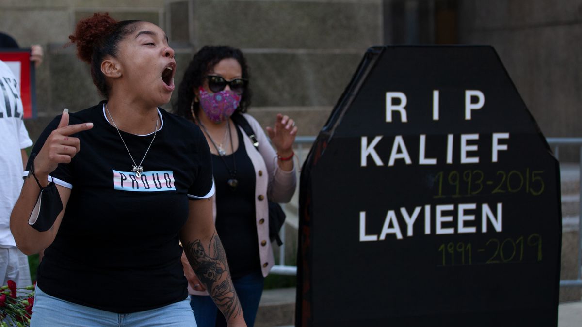 Melania Brown blasts Mayoral Bill de Blasio for failing to end solitary confinement during a protest march from Manhattan Criminal Court on the two-year anniversary of her sister Layleen Polanco’s death, June 7, 2021.