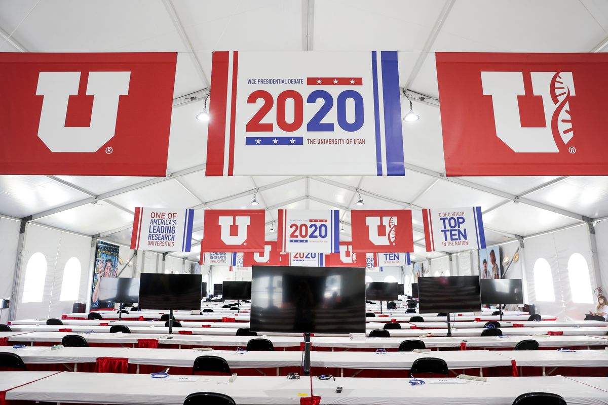A sprawling media tent outside of Kingsbury Hall at the University of Utah in Salt Lake City is pictured on Tuesday, Oct. 6, 2020, in preparation for Wednesday’s vice presidential debate.