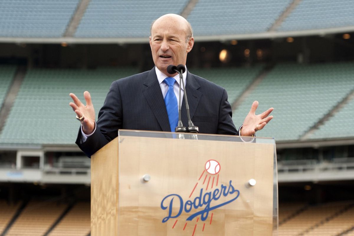 May 2, 2012; Los Angeles, CA, USA; Stan Kasten speaks at a press conference to announce the sale of the Los Angeles Dodgers to the Guggenheim baseball management team at Dodger Stadium. Mandatory Credit: Kirby Lee/Image of Sport-US PRESSWIRE