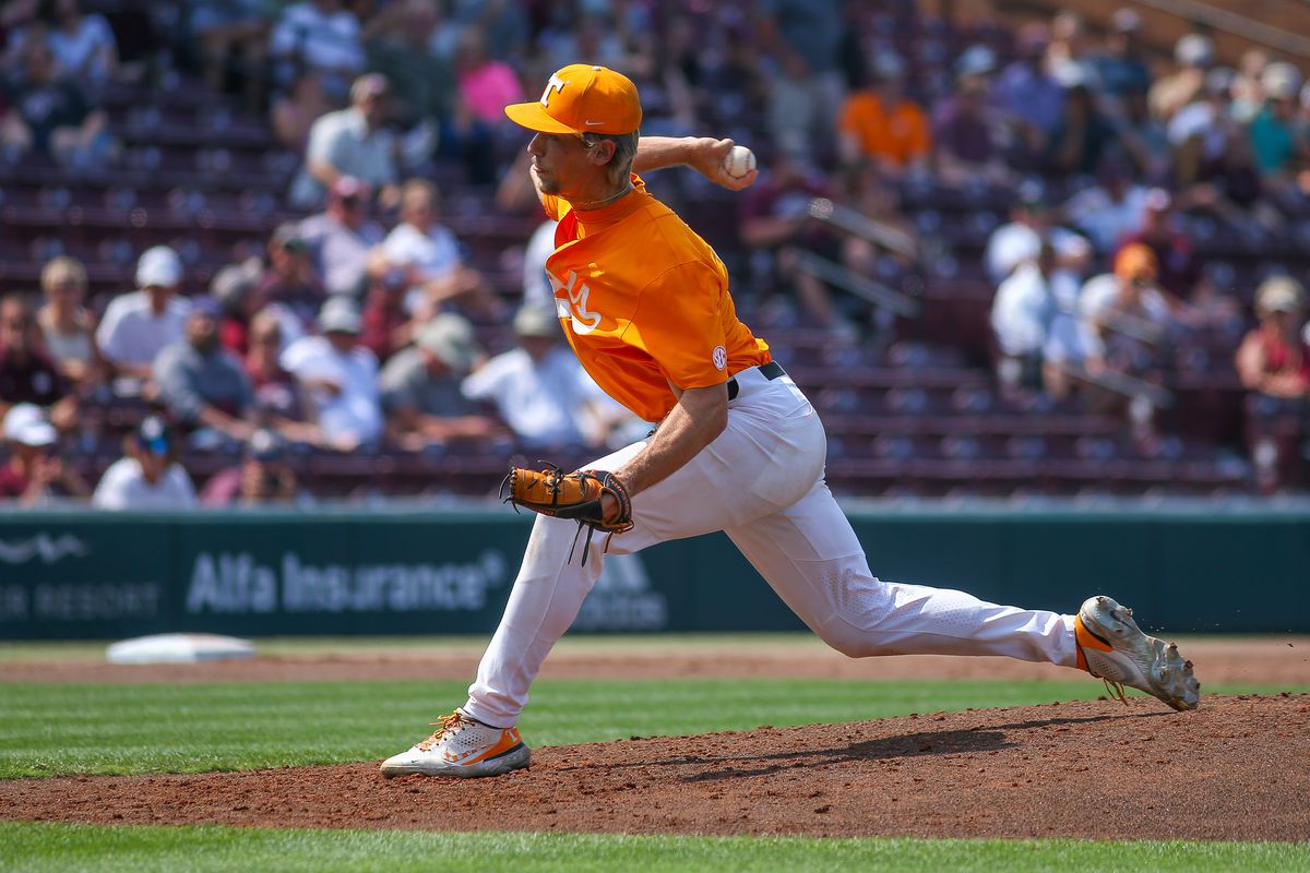 Tennessee Volunteers pitcher Ben Joyce (44) pitches during the game between the Mississippi State Bulldogs and the Tennessee Volunteers on May 21, 2022 at Dudy Noble Field at Polk-DeMent Stadium in Starkville, MS.
