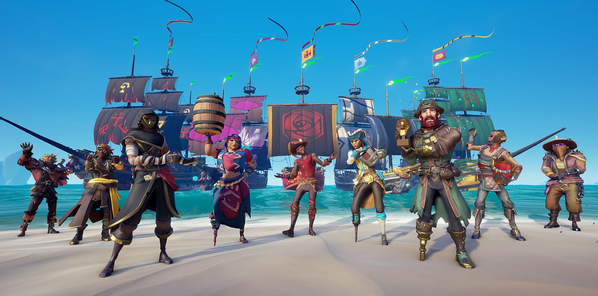 Players standing on a beach to commemorate Sea of Thieves’ Captaincy update