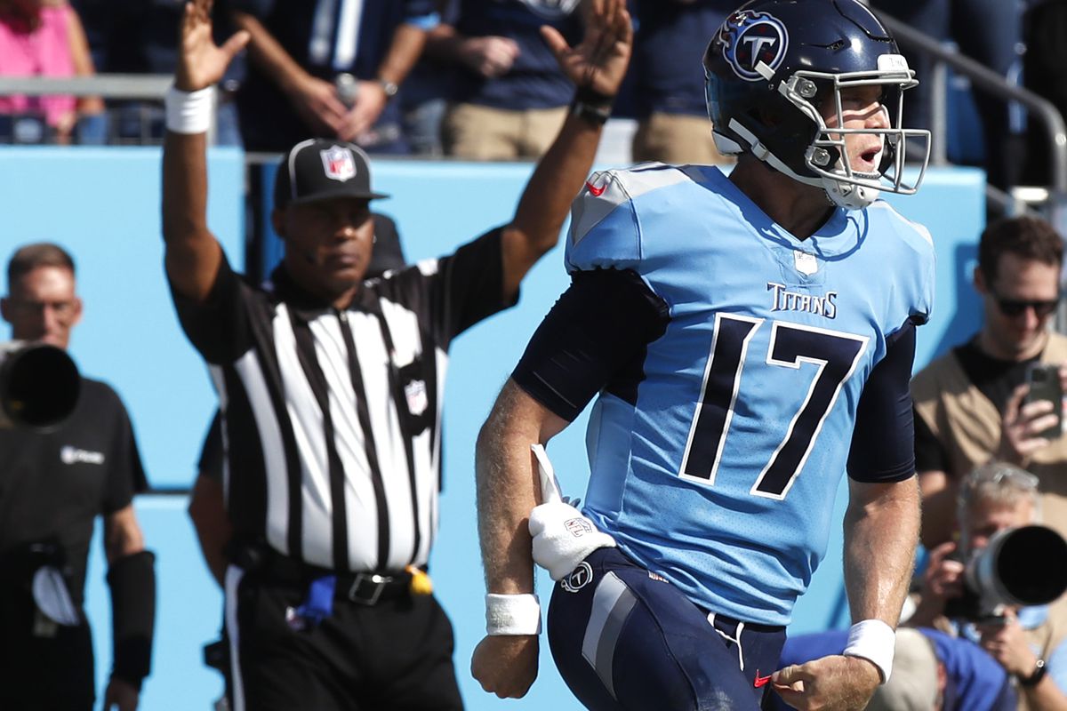 Ryan Tannehill #17 of the Tennessee Titans celebrates after scoring a touchdown in the second quarter against the Kansas City Chiefs in the game at Nissan Stadium on October 24, 2021 in Nashville, Tennessee.