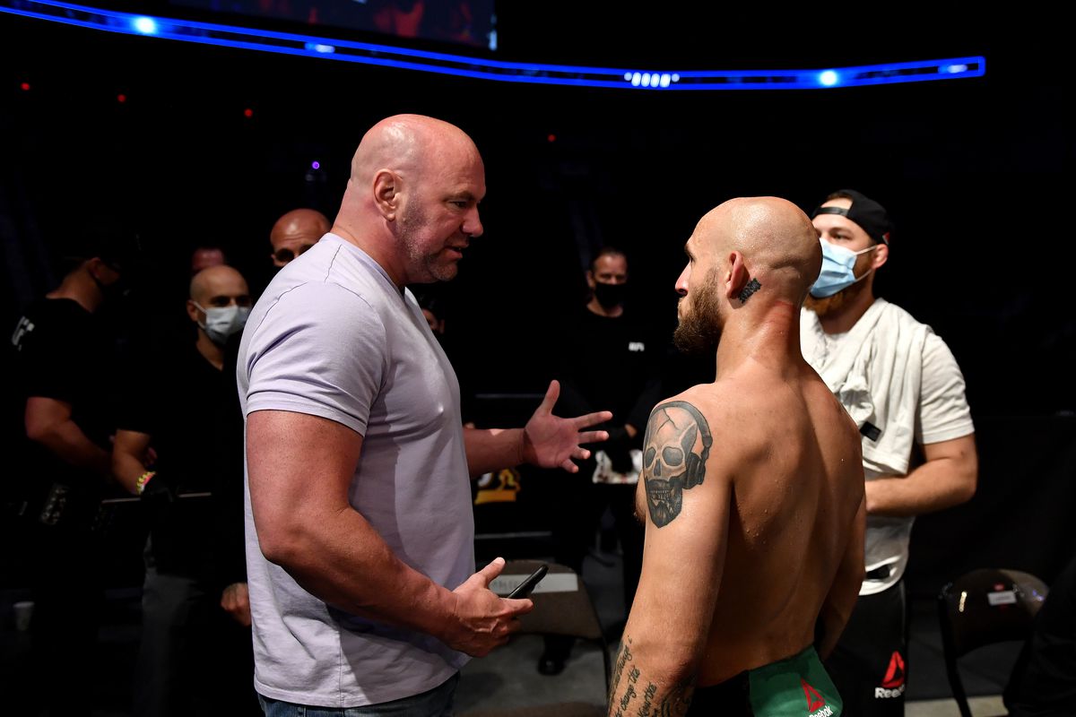 UFC president Dana White talks with Brian Kelleher of the United States after winning his Men’s Bantamweight bout during UFC Fight Night at VyStar Veterans Memorial Arena on May 13, 2020 in Jacksonville, Florida.