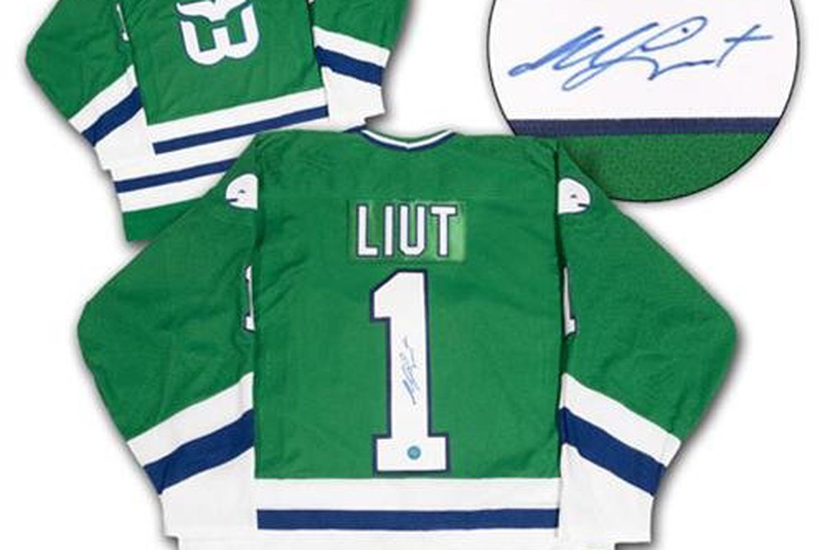 A green Mike Liut signed Hartford Whalers jersey circa 1986 since I don’t have a new green Stars jersey unveiled this season (yet).