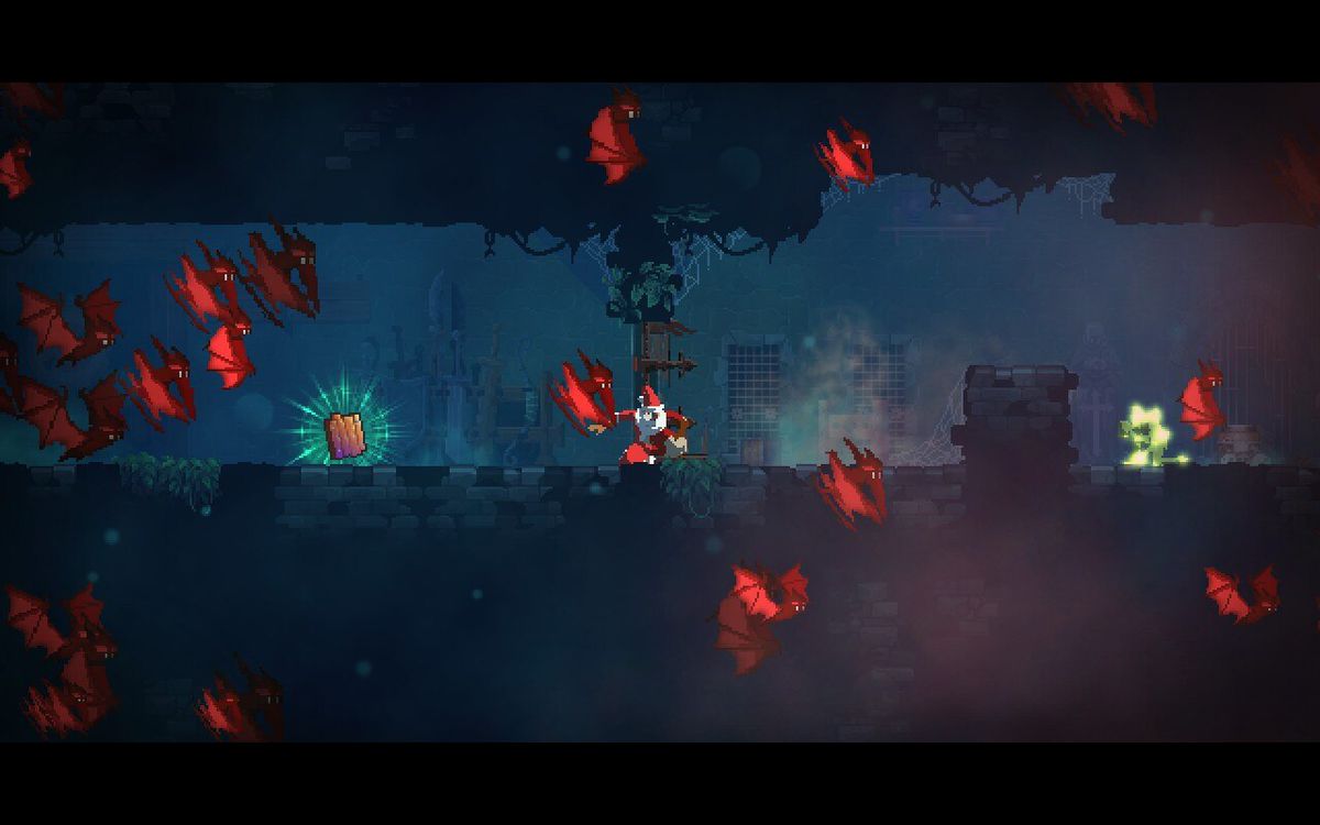 A bunch of bats fly across the screen while the Headless looks for how to start the Dead Cells Castlevania DLC in Prisoner’s Quarters.