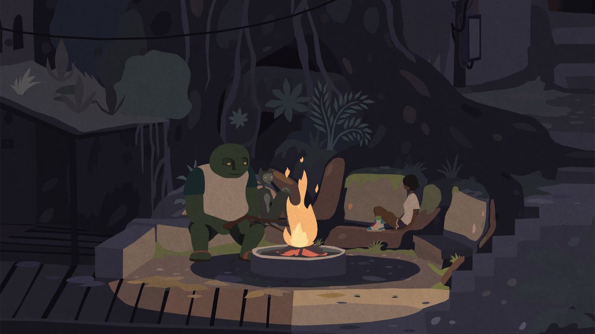 Kai sits at a fireside along with some of the residents of Mutazione.