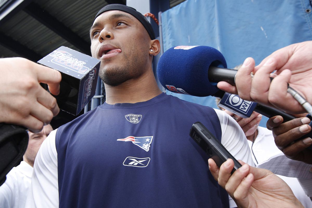 June 12, 2012; Foxborough, MA, USA; New England Patriots running back Shane Vereen (34) takes questions from reporters after mini camp at the Gillette Stadium practice facility. Mandatory Credit: David Butler II-US PRESSWIRE