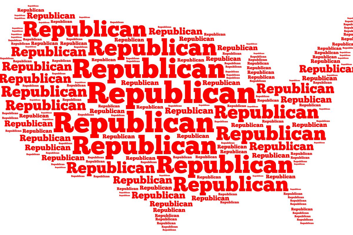 Word cloud map of the United States of America with the word "Republican" filling up all of the space.