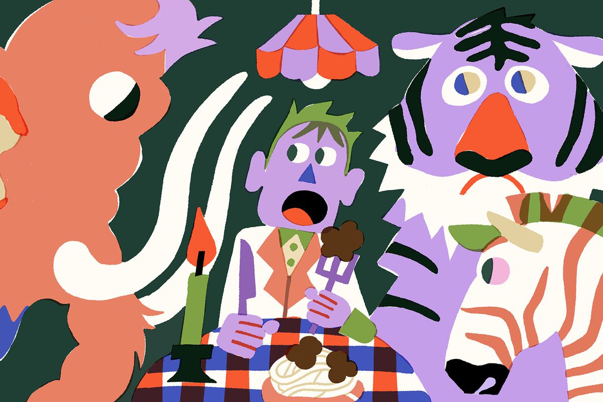 A cartoon of a man eating a meatball at a restaurant surrounded by a mammoth, a tiger, and a zebra, all staring him down.