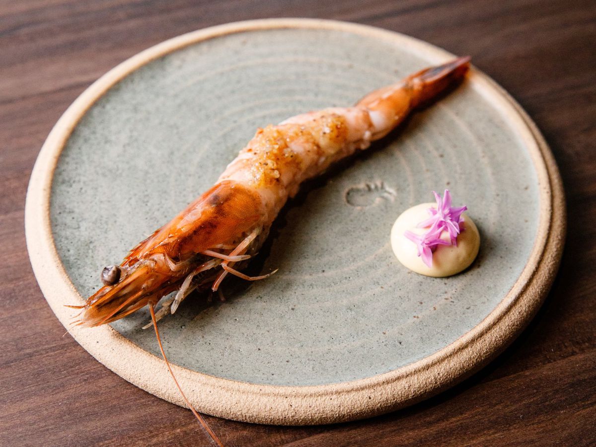A single long shrimp on a plate with a dollop of bright sauce garnished with a flower