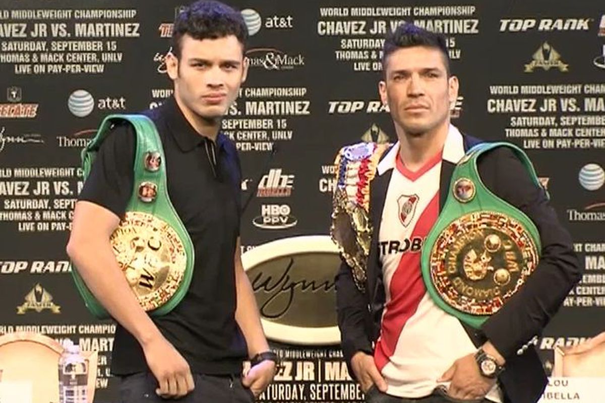 Julio Cesar Chavez Jr and Sergio Martinez weren't short on trash talk at today's final press conference. (Photo via <a href="http://www.toprank.tv" target="new">Top Rank TV</a>)