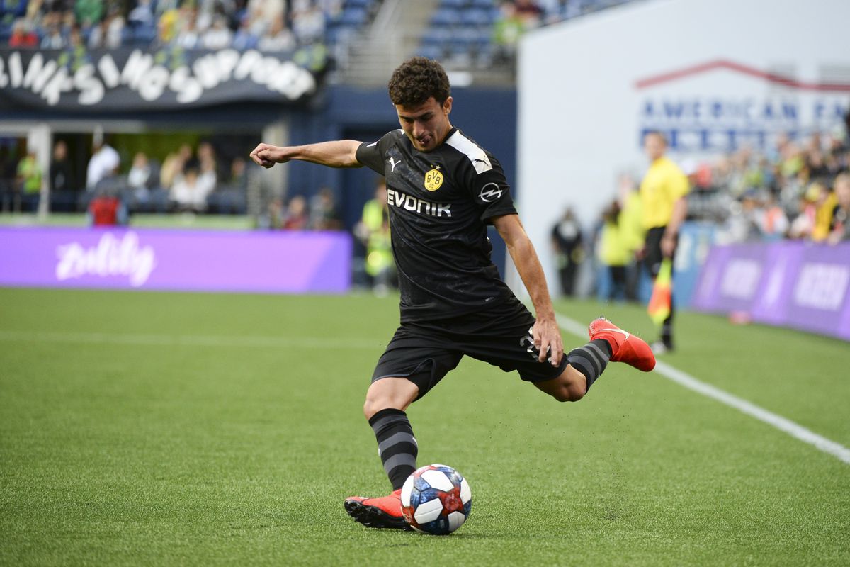 Borussia Dortmund midfielder Christian Pulisic in action against the Seattle Sounders in an International friendly on July 17, 2019, at Century Link Field in Seattle, WA.