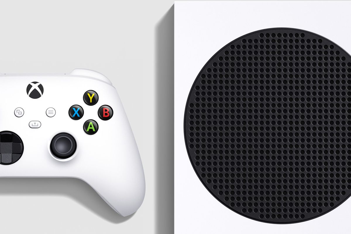 a product render of the Xbox Series S standing vertically with a controller floating to the left of it