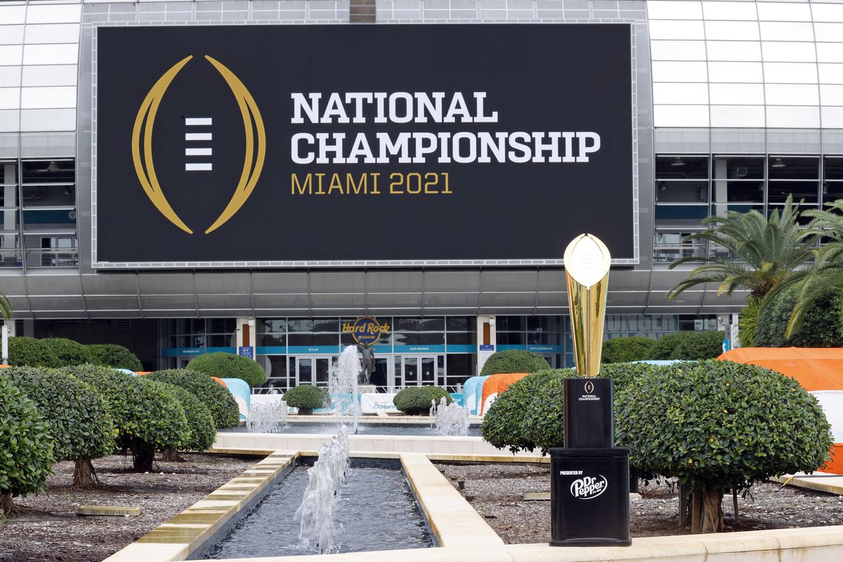The College Football Playoff National Championship Trophy is displayed at Hard Rock Stadium on November 11, 2020 in Miami Gardens, Florida. The Championship game will be played at Hard Rock Stadium on January 11, 2021.
