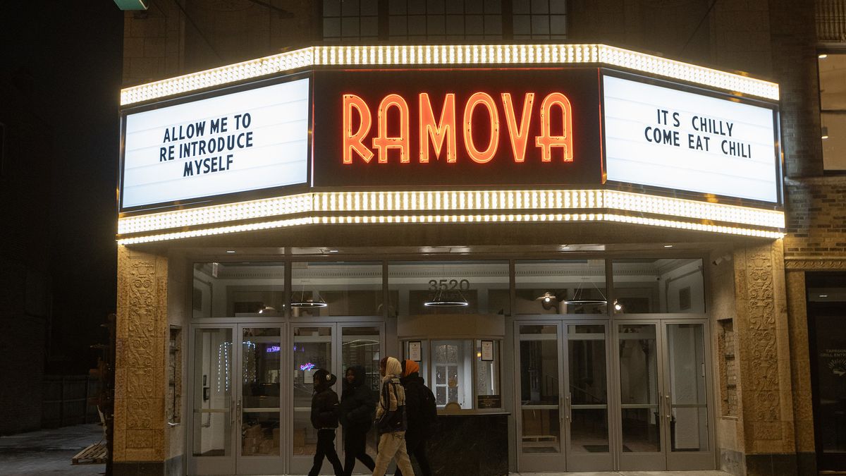 The Ramova’s marquee all lit up.