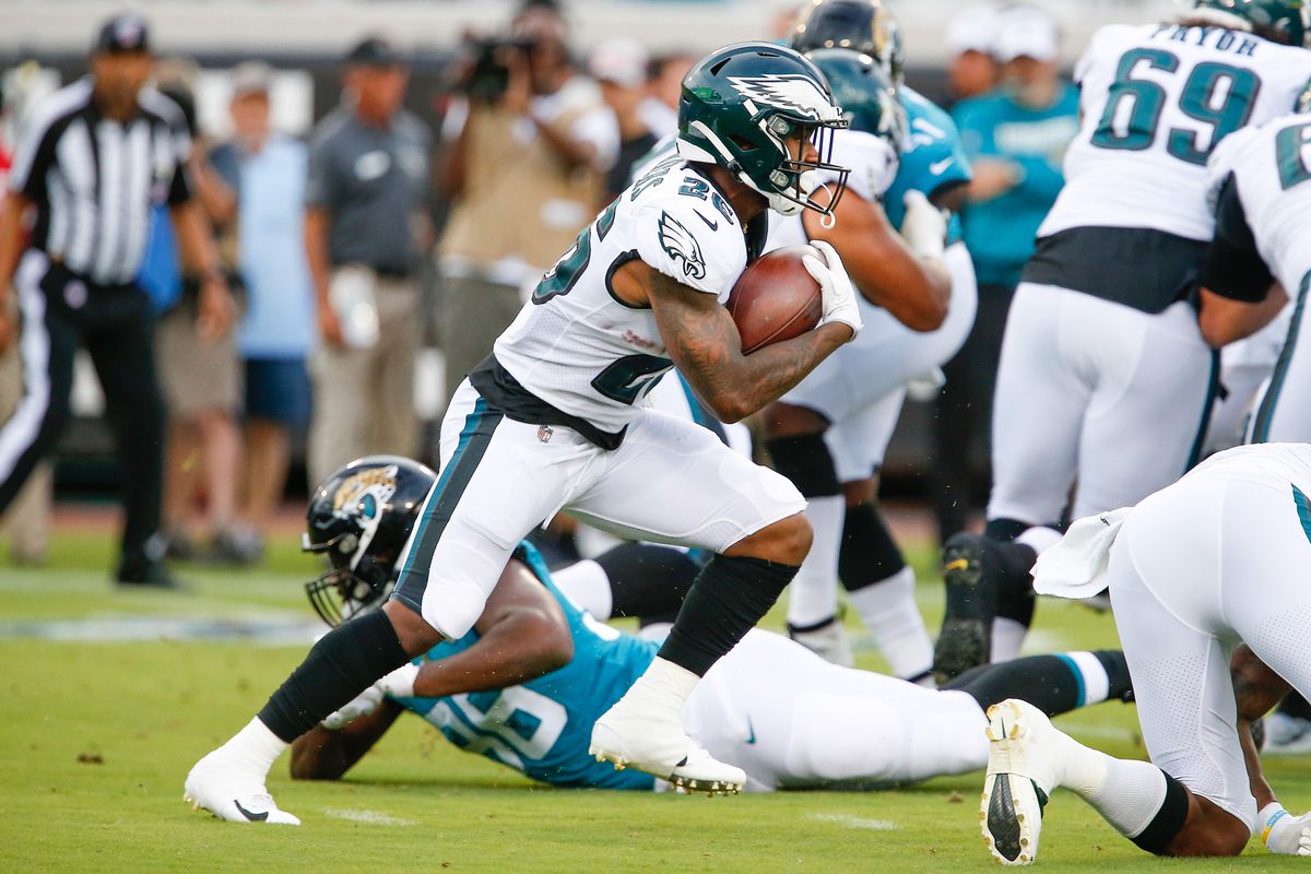 Philadelphia Eagles running back Miles Sanders runs the ball during the first quarter against the Jacksonville Jaguars at TIAA Bank Field.