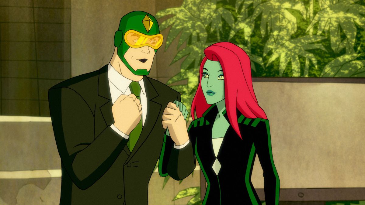 Kite-Man excitedly clasps hands with Poison Ivy. He is wearing a suit. (Harley Quinn Season 2)