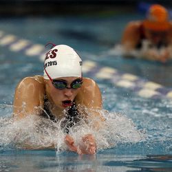 McKenna Gassaway of Viewmont wins the 100-yard breaststroke during the 5A state swimming championships in Provo Friday, Feb. 13, 2015.
