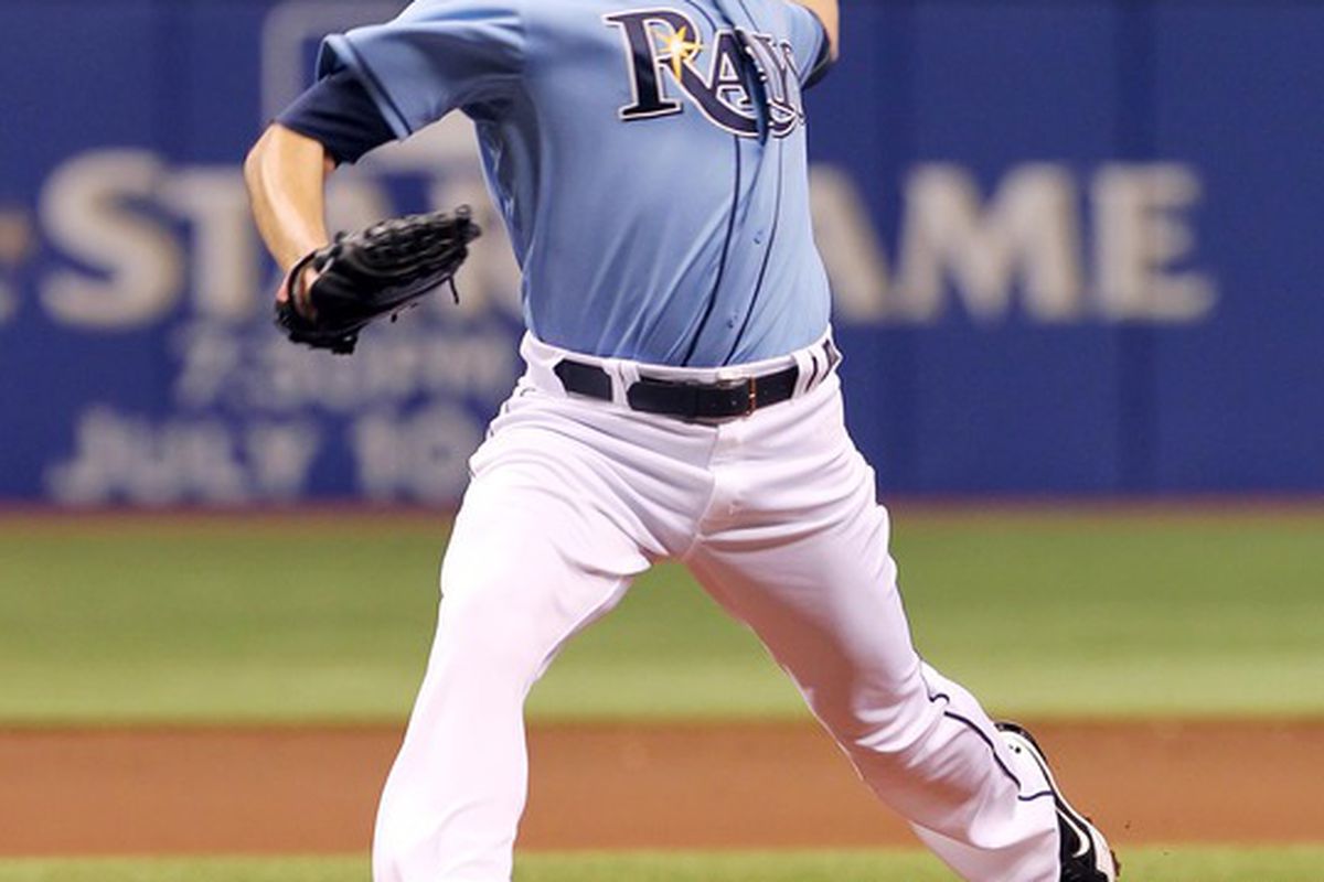 June 15, 2012; St. Petersburg, FL, USA; Tampa Bay Rays starting pitcher Matt Moore (55) throws a pitch in the first inning against the Miami Marlins at Tropicana Field. Mandatory Credit: Kim Klement-US PRESSWIRE