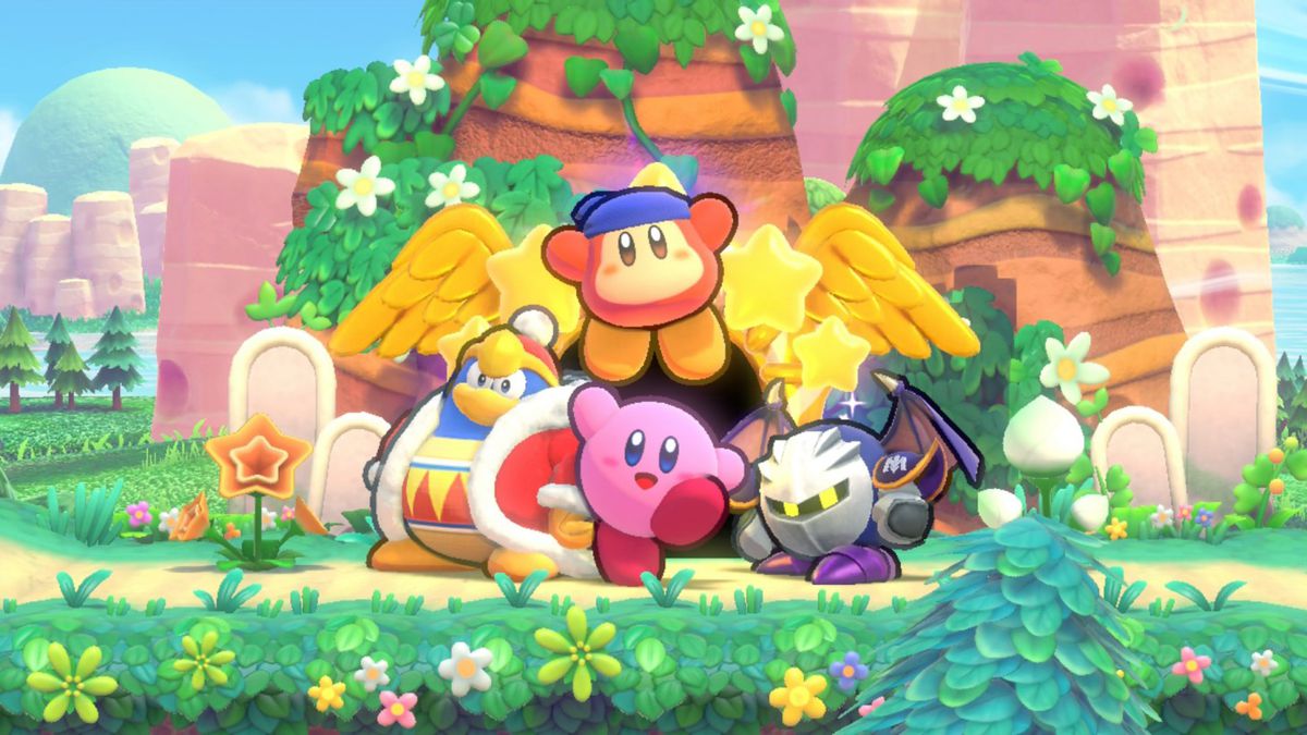 Kirby, Meta Knight, King Dedede, and Bandana Waddle Dee pose in front of a forested landscape in Kirby’s Return to Dream Land Deluxe