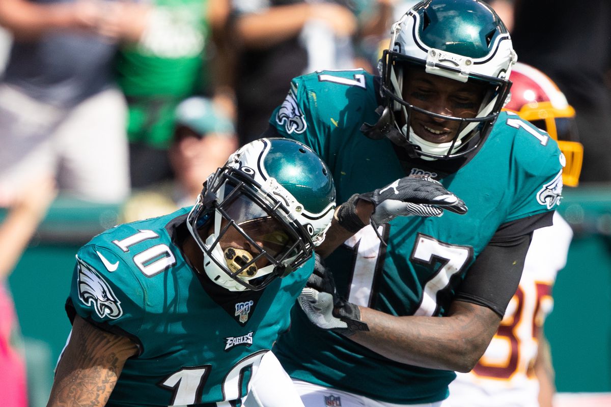 Philadelphia Eagles wide receiver DeSean Jackson celebrates with wide receiver Alshon Jeffery after a touchdown reception during the third quarter against Washington at Lincoln Financial Field.