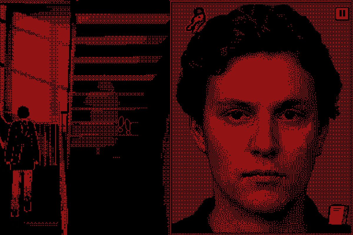 A red screen from video game Who’s Lila. On one side is a man’s stern young face, staring directly into the camera. On the other, the same young man climbs the stairs of an apartment building.
