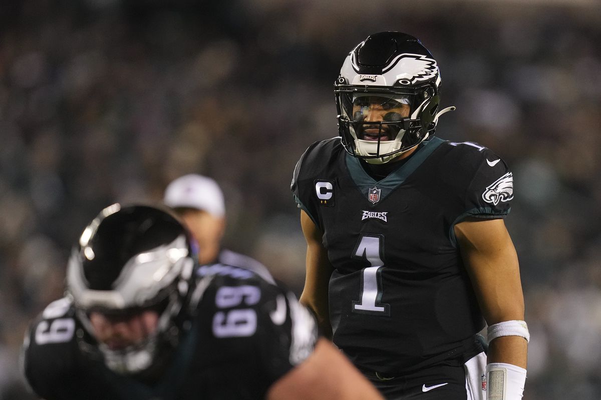 Jalen Hurts #1 of the Philadelphia Eagles looks on against the New York Giants at Lincoln Financial Field on January 8, 2023 in Philadelphia, Pennsylvania.