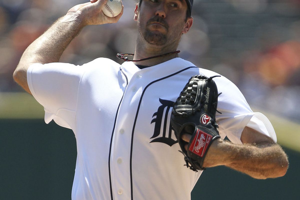 DETROIT - JULY 31: Justin Verlander #35 of the Detroit Tigers pitches in the first inning during the game against the Los Angeles Angels of Anaheim at Comerica Park on July 31, 2011 in Detroit, Michigan.  (Photo by Leon Halip/Getty Images)