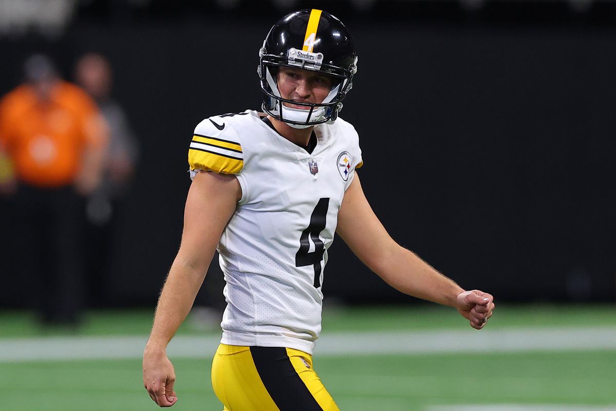Matthew Wright #4 of the Pittsburgh Steelers reacts after kicking a field goal during the second quarter of the game against the Atlanta Falcons at Mercedes-Benz Stadium on December 04, 2022 in Atlanta, Georgia.