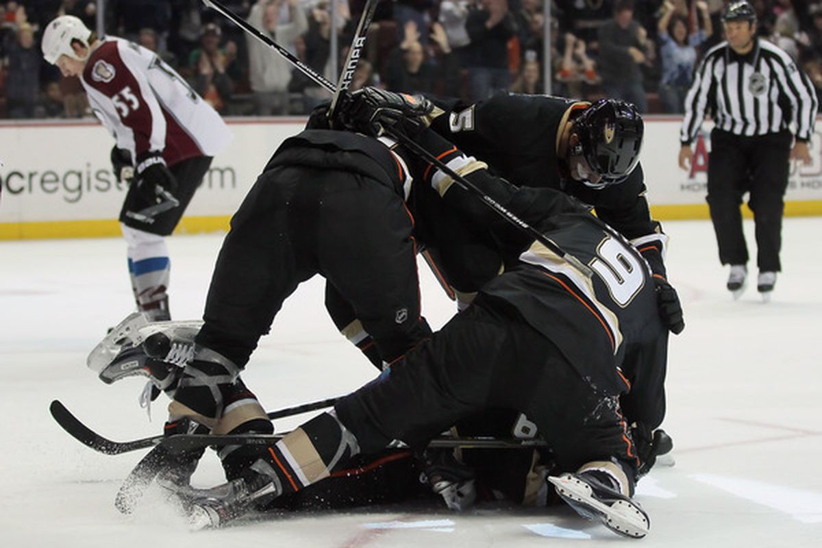 ANAHEIM, CA - FEBRUARY 27:  DUCK PILE!!!!!  The Ducks defeated the Avalanche 3-2.  (Photo by Jeff Gross/Getty Images)