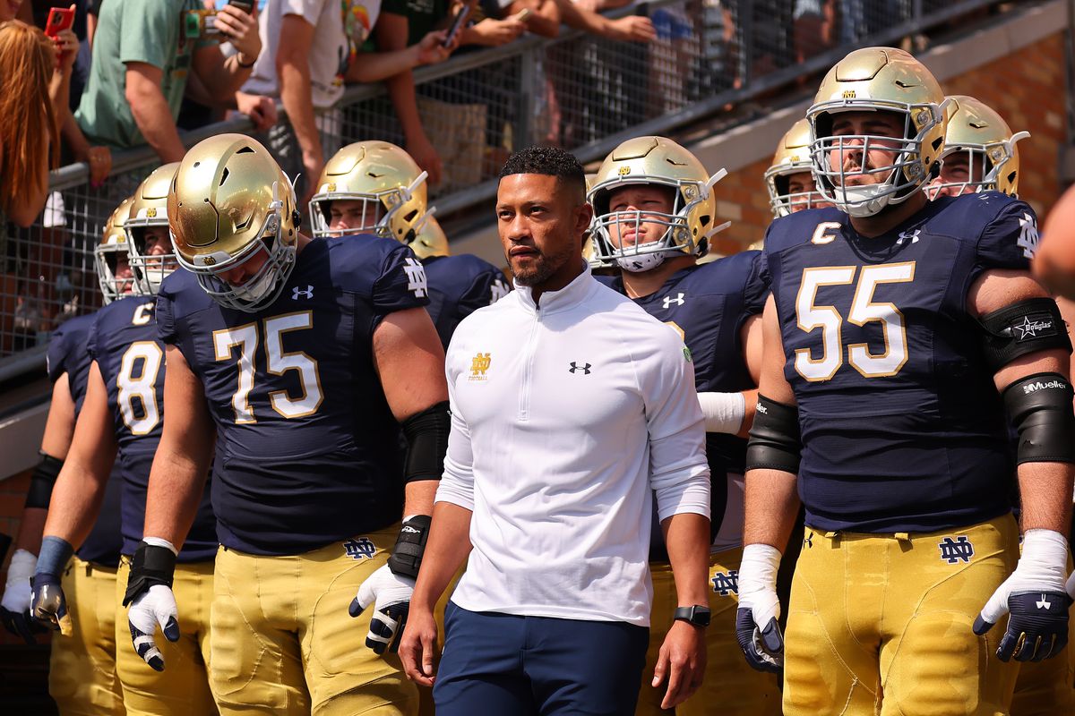 Head coach Marcus Freeman of the Notre Dame Fighting Irish prepares to take the field prior to the game against the Marshall Thundering Herd at Notre Dame Stadium on September 10, 2022 in South Bend, Indiana.