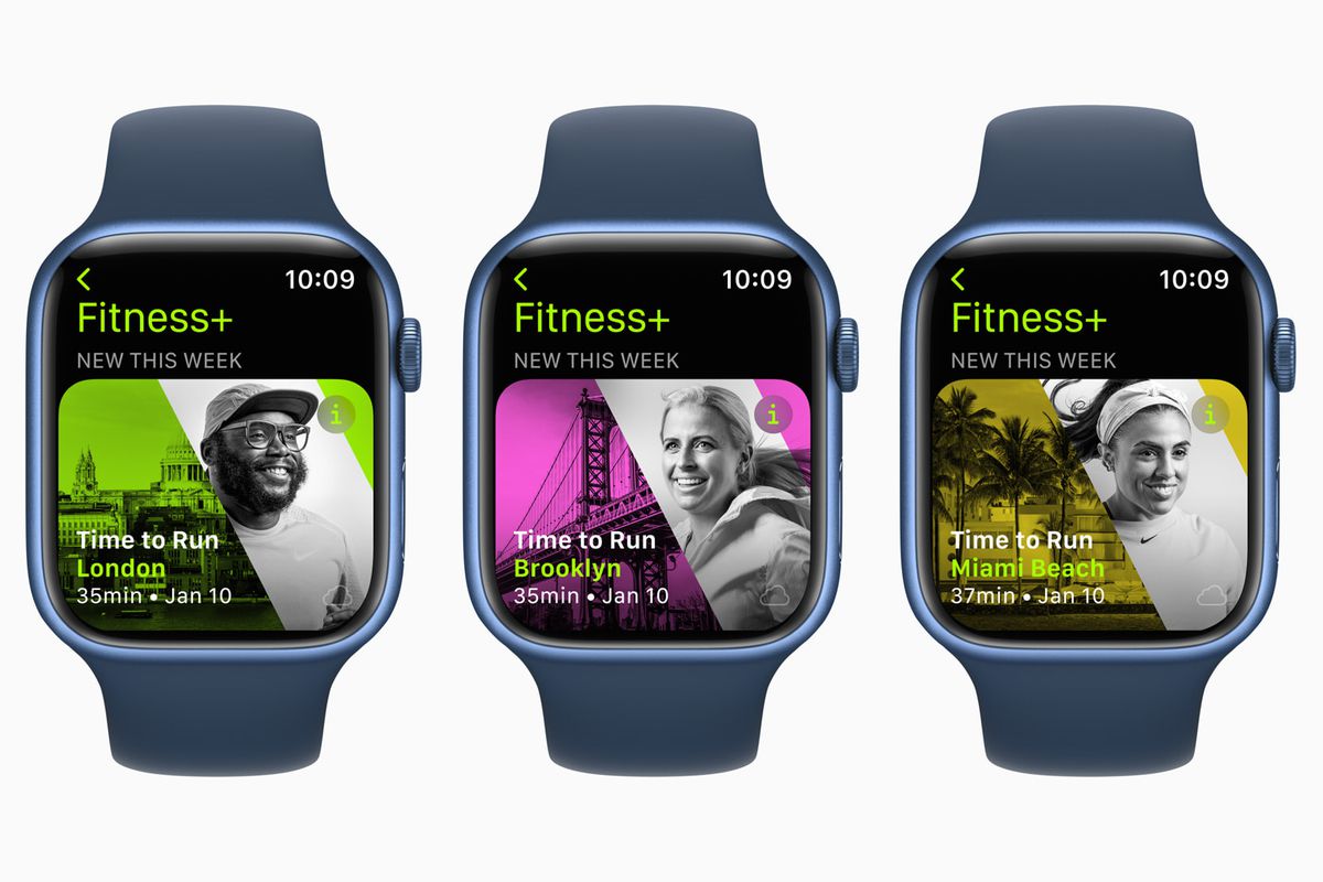 An image showing three Apple Watches showing screens of the first three Time to Run workouts.